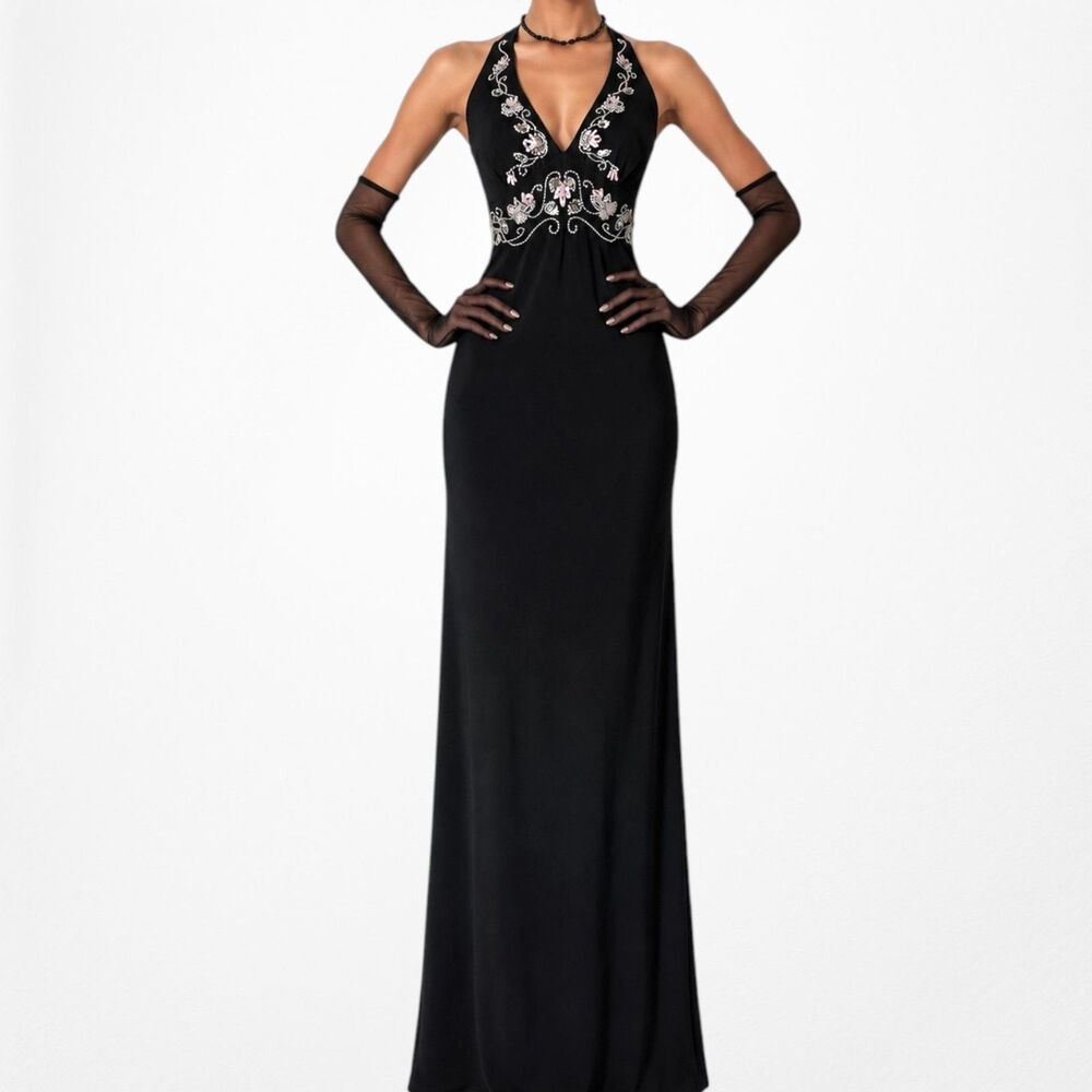 Vintage Y2K Black Floral Beaded Knit Bodycon Cocktail Maxi Prom Dress Size M